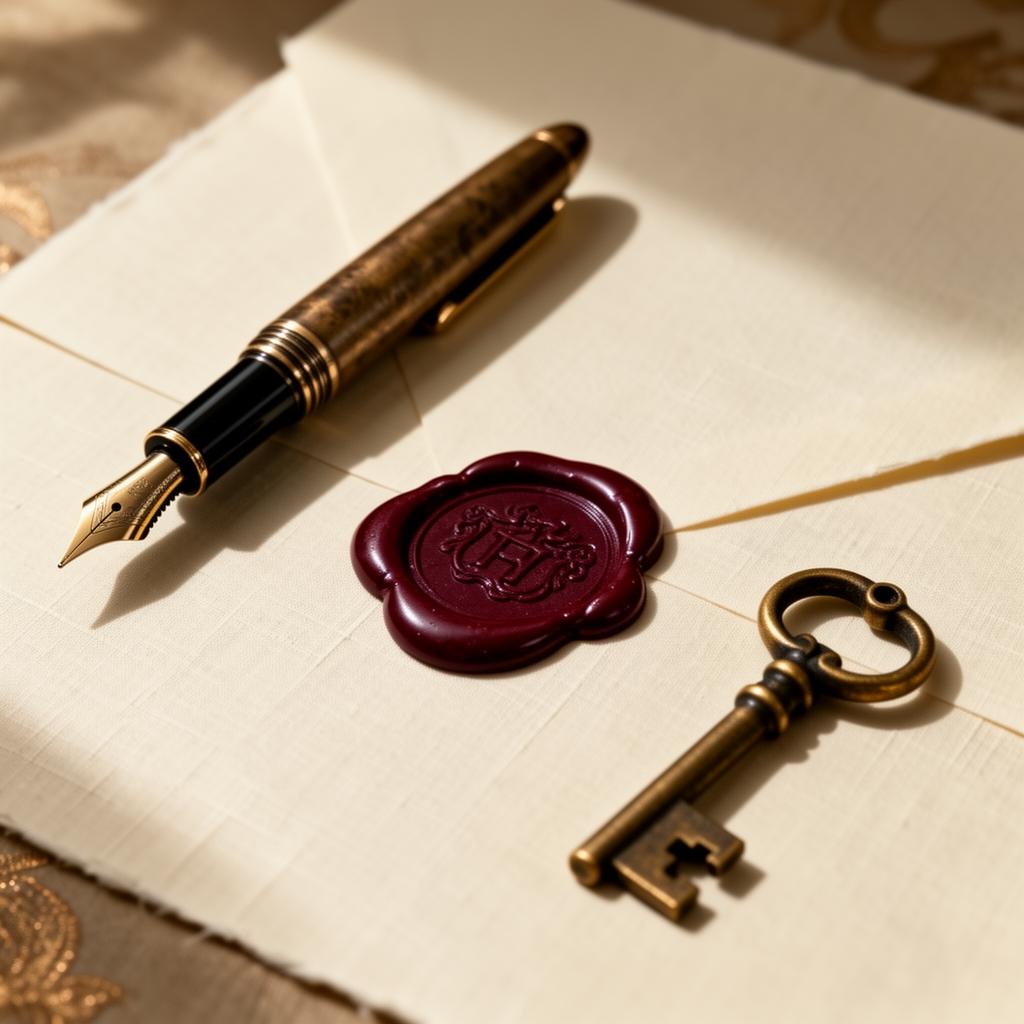 Fountain pen, wax seal, and antique key on linen paper